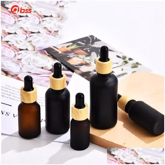 Flaconi da imballaggio Flacone contagocce in vetro rivestito nero opaco Boston Round Oli essenziali con tappo in plastica con venature del legno